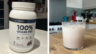 Two pitctures make up this collage; one shows Transparent Grass-fed Protein in a large tub, thie other shoes it mixed with milk, forming a creamy substance in a glass, on a wooden table in a kitchen.