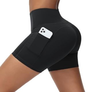 Baleaf Sweatleaf Women's Workout Shorts Compression Biker Shorts Pockets Yoga Volleyball High Waisted Tummy Control Spandex Black L
