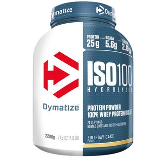 Dymatize ISO100 protein powder birthday cake